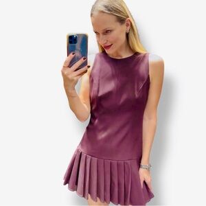 ZARA Box Pleat Sleeveless Shift Burgundy Pleated Mini Dress